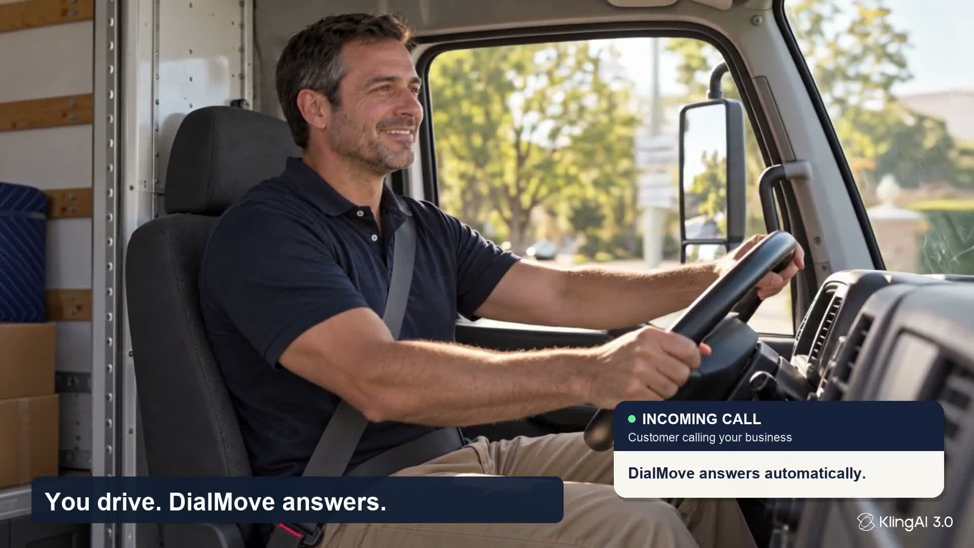 A mover drives his truck while an on-screen card shows DialMove answering an incoming call